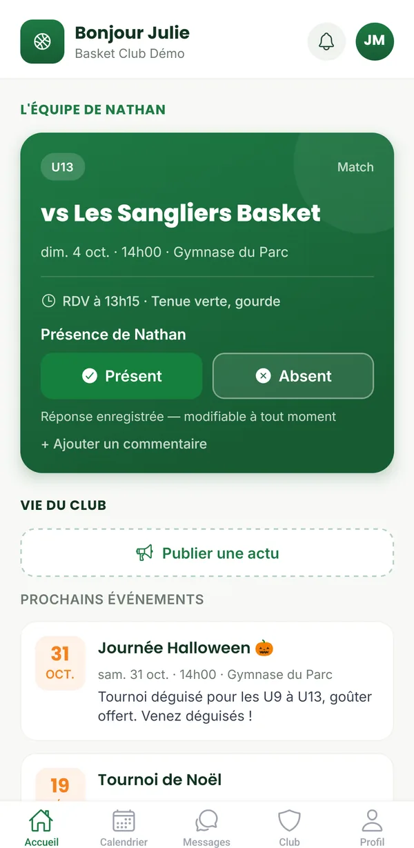 Accueil d'un parent : prochain match de son enfant avec boutons Présent et Absent